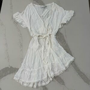 Amiani NWT Asymmetrical Ruffle Sleeve Tie Front SwimSuit CoverUp Womens XL White
